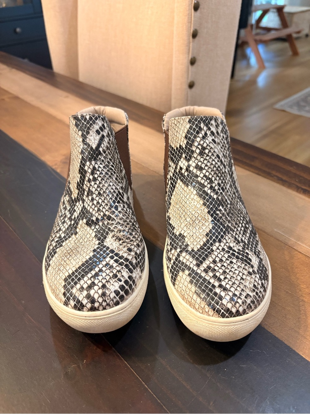 Coconuts by Matisse Snake-Print Slip-On Flats in Black, White, Tan